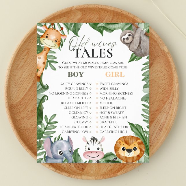 Alte Ehefrauen Tales Retro Groovy Kinderduschenspi Flyer (Safari-inspired 'Old Wives Tales' gender guessing baby shower game - A Little Wild One theme




)