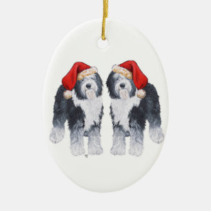 Alte englische Schäferhund-Weihnachtsmannmütze Keramik Ornament