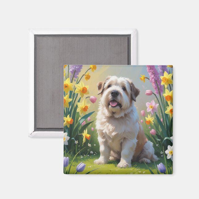 Alte englische Schafhunde Frühlingsblumen Malerei Magnet (Vorderseite/Rückseite)