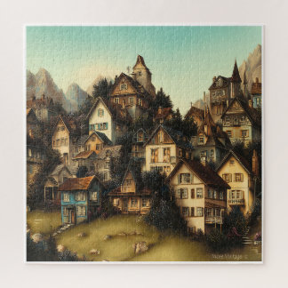 ALTE FARBENFROHE ALPEN-DORF-SZENE PUZZLE