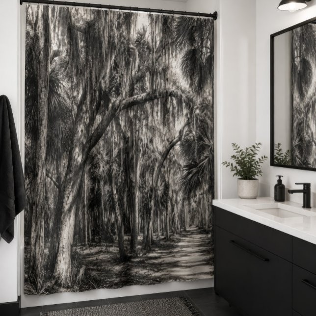 Alte Florida-Eiche-Hammock Graphit-Skizze | Rockle Duschvorhang (Black and white Southern oak forest shower curtain in a sleek modern bathroom.)