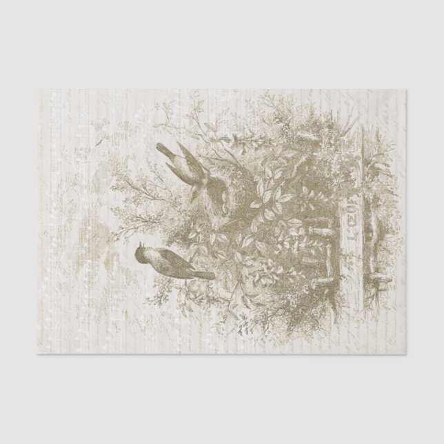 Alte französische Vintage Vögel Nest Gold Beige Seidenpapier (Vorderseite)