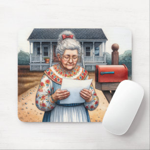 Alte Frau, die einen Brief durch eine Postbox lies Mousepad