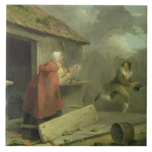 Alte Frau, die einen Stock an einem Jungen, 1793 Fliese