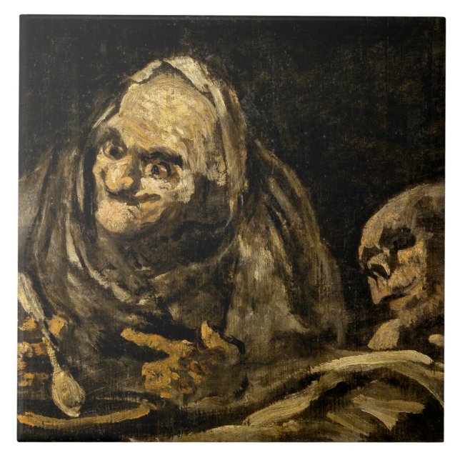 Alte Frau mit Skelett (Tod) (Francisco Goya) Fliese (Vorderseite)