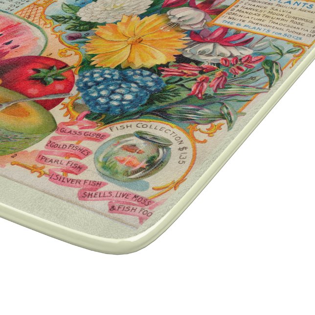 Alte Gemüse- Obst- Blumensaatgutwerbung Schneidebrett (Ecke)