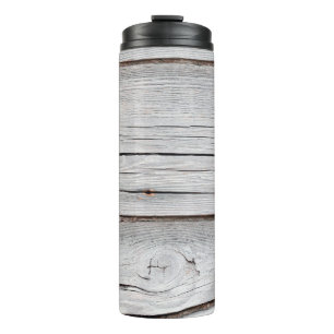 Alte graue Holzplankenwand Textur abstrakt, Hinter Thermosbecher