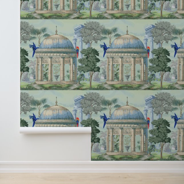 Alte griechische Temple Garden Macaw Bird Pixie Gr Tapete (Anwendung)
