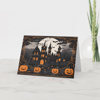 Alte Halloween-Geisterhaus und Kürbisse  Feiertagskarte