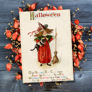 Alte Halloween Hexe Mädchen mit schwarzer Katze Karte