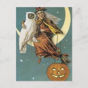 Alte Halloween Hexe und der Mond Postkarte
