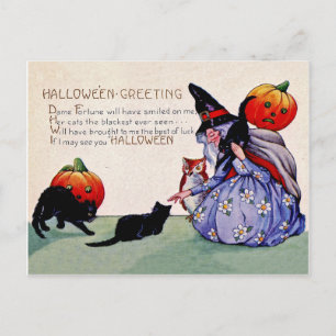 Alte Hexe mit Kürbis und schwarzen Katzen, Vintag Postkarte