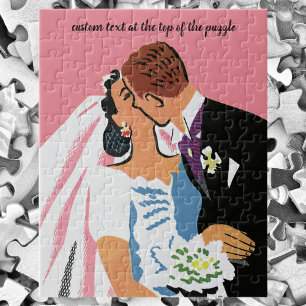 Alte Hochzeit, Retro Braut und Bräutigam beim Küss Puzzle