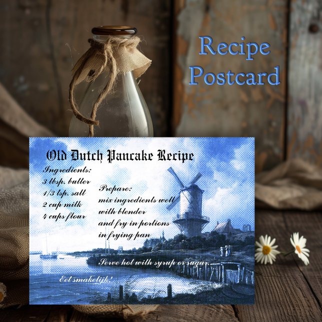 Alte holländische Pancake Recipe Card Postkarte (Postcard in blue antique Dutch tile style (based on a Ruysdael painting) with a pancake recipe)