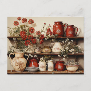Alte Holz Küchenregal Rot Weiße Keramik Blumen Postkarte