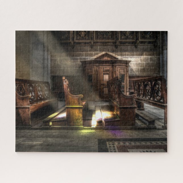 Alte hölzerne Kirchen-Bank mit Kneeler Puzzle (Horizontal)