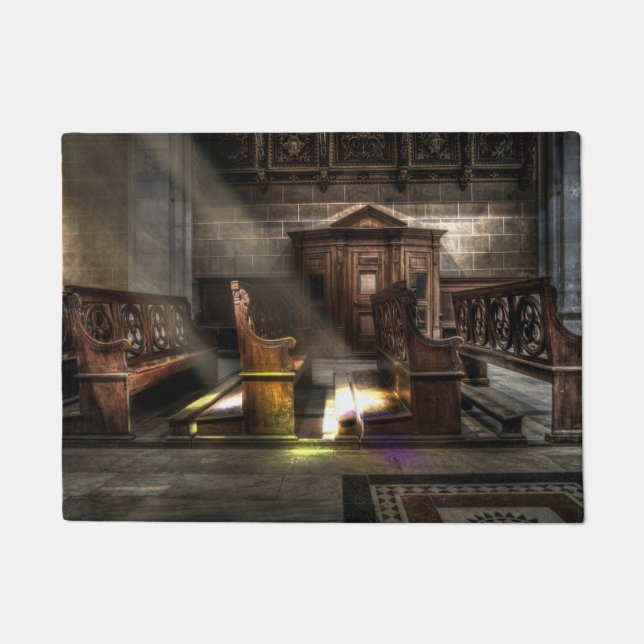 Alte Holzkirchenbank mit Kneeler Fußmatte (Vorderseite)