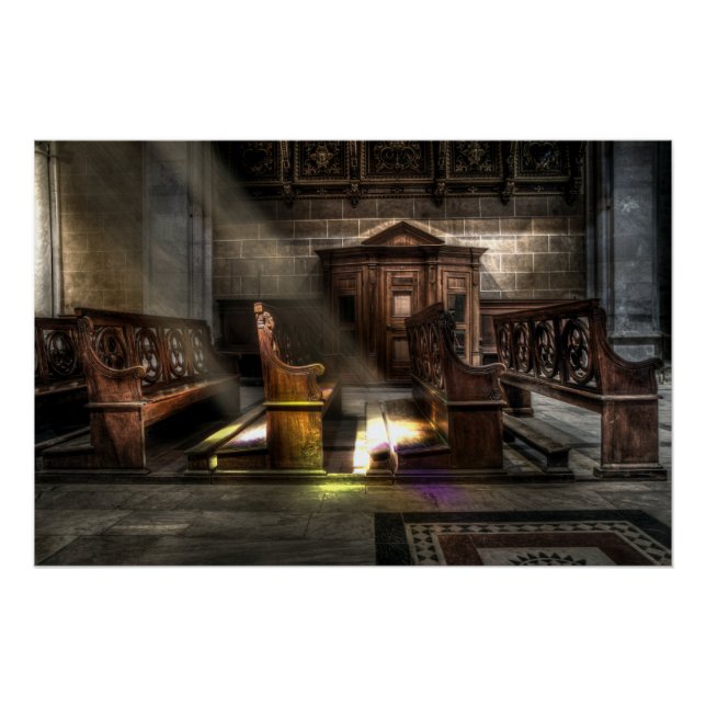 Alte Holzkirchenbank mit Kneeler Poster (Vorderseite)