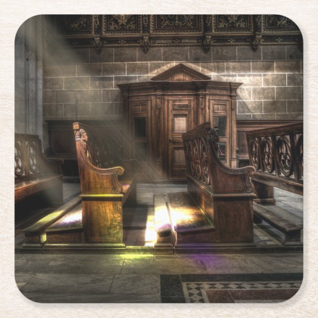 Alte Holzkirchenbank mit Kneeler Rechteckiger Pappuntersetzer (Vorderseite)