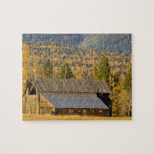 Alte Holzscheune mit Herbsttamarackeln in der Nähe Puzzle