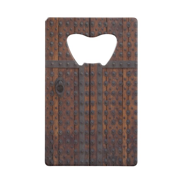 Alte Holztür mit schwarzem Metall Kreditkartenflaschenöffner (Vorderseite)