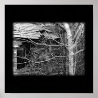 Alte Hütte und Baum. Schwarz und Weiß.