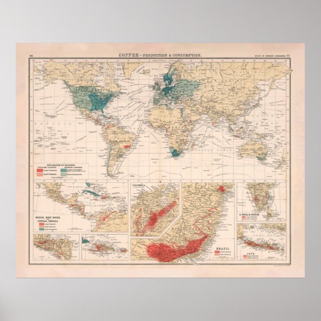 Alte Kaffeezucht & Konsum Weltkarte (1907) Poster (Vorne)