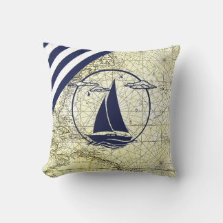 Alte Karte/Segelboot/Silhouette/Marineblau Kissen
