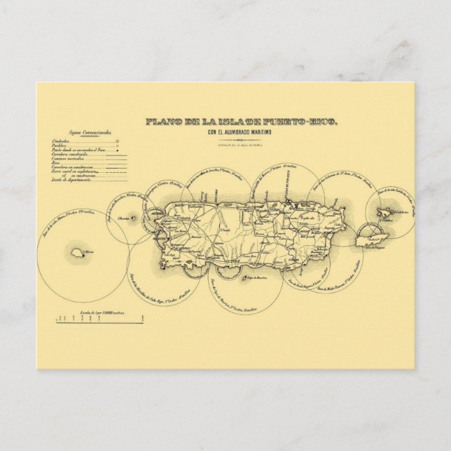 Alte Karte von Puerto Ricos Leuchttürme Postkarte (Vorderseite)