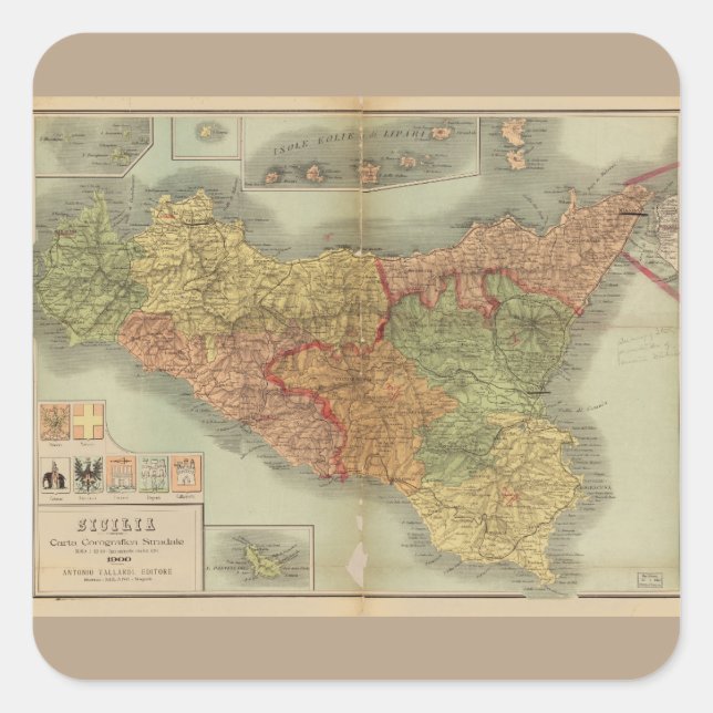 Alte Karte von Sizilien aus dem Jahr 1900 (Sicilia Quadratischer Aufkleber (Vorderseite)