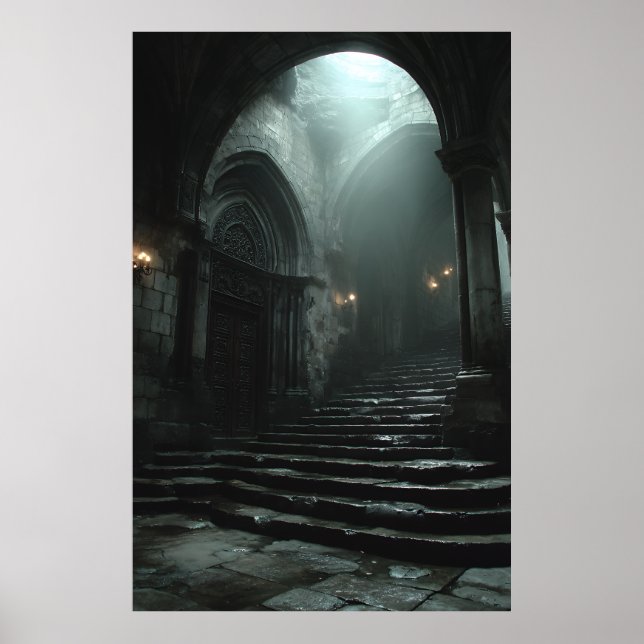Alte Kathedrale Treppenweg Nebel Licht Poster (Vorne)