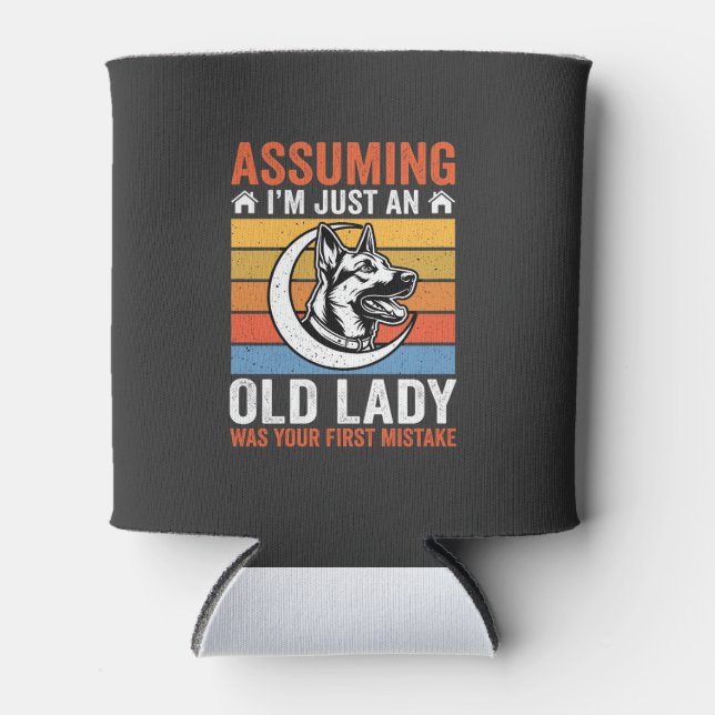 Alte Lady-Hund-Warnung Retro Dosenkühler (Vorderseite)