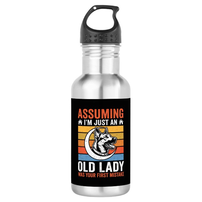 Alte Lady-Hund-Warnung Retro Edelstahlflasche (Vorderseite)