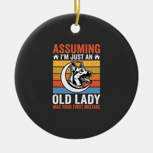 Alte Lady-Hund-Warnung Retro Keramik Ornament (Vorne)