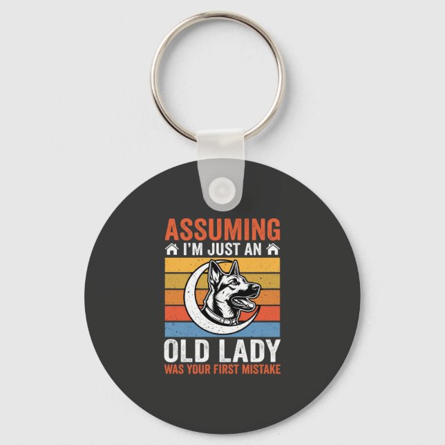 Alte Lady Hund Warnung Retro Schlüsselanhänger (Vorderseite)