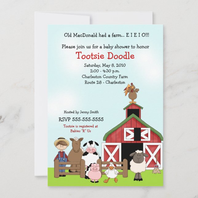 Alte MacDonald EIEIO Bauernhofbarnyard-Babyparty Einladung (Vorderseite)