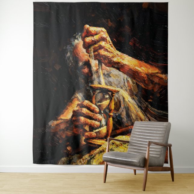 Alte Mann Sanduhr Zeit verrinnt Impasto Wandteppich (Beispiel)