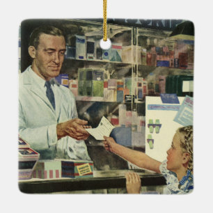 Alte Medizin, Apotheker und Mädchen in der Apothek Keramikornament