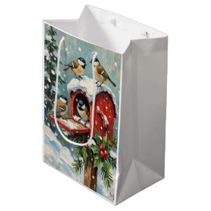 Alte Meisen am schneebedeckten Weihnachtspostkaste Mittlere Geschenktüte