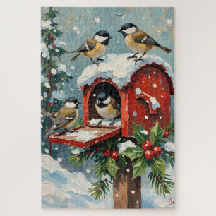 Alte Meisen am schneebedeckten Weihnachtspostkaste Puzzle