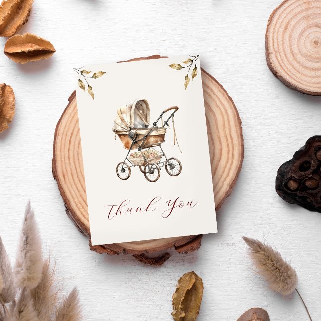 Alte Mode Carriage Floral Blätter Neutral Beige Dankeskarte (Old Fashion Carriage Floral Leaves Neutrla Beige Thank You)