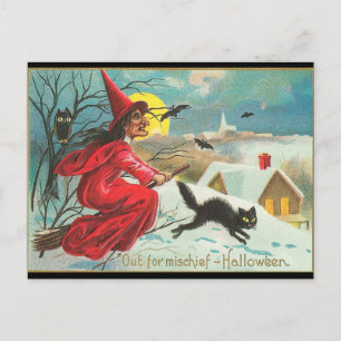 Alte Mode Halloween Hexe, Flying, Black Kitty Postkarte