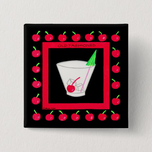 Alte modische Retro Drink Red Cherries auf schwarz Button (Vorderseite)
