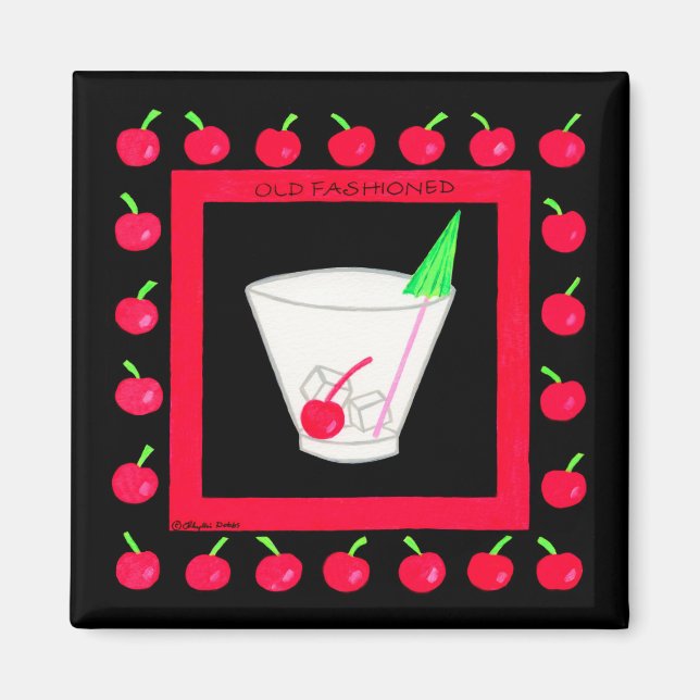 Alte modische Retro Drink Red Cherries auf schwarz Magnet (Vorne)