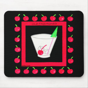 Alte modische Retro Drink Red Cherries auf schwarz Mousepad