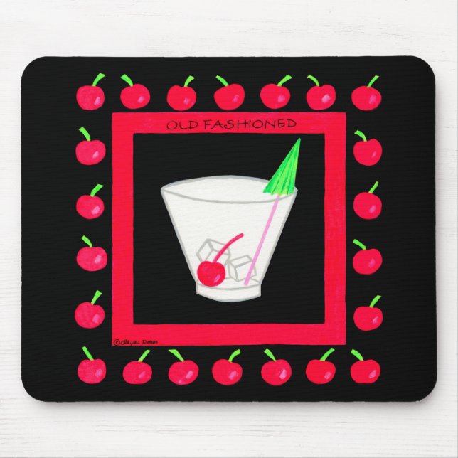 Alte modische Retro Drink Red Cherries auf schwarz Mousepad (Vorne)