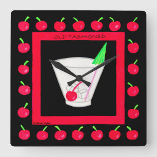 Alte modische Retro Drink Red Cherries auf schwarz Quadratische Wanduhr