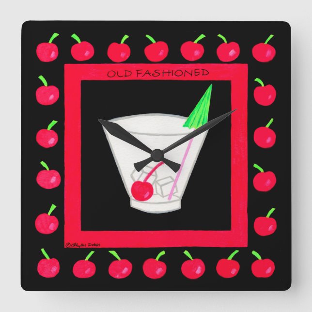 Alte modische Retro Drink Red Cherries auf schwarz Quadratische Wanduhr (Vorderseite)
