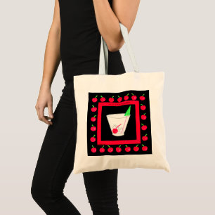 Alte modische Retro Drink Red Cherries auf schwarz Tragetasche