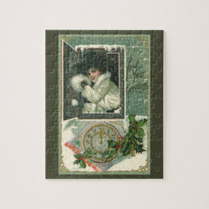 Alte Neujahrsgrüße, viktorianisches Mädchen am Fen Puzzle